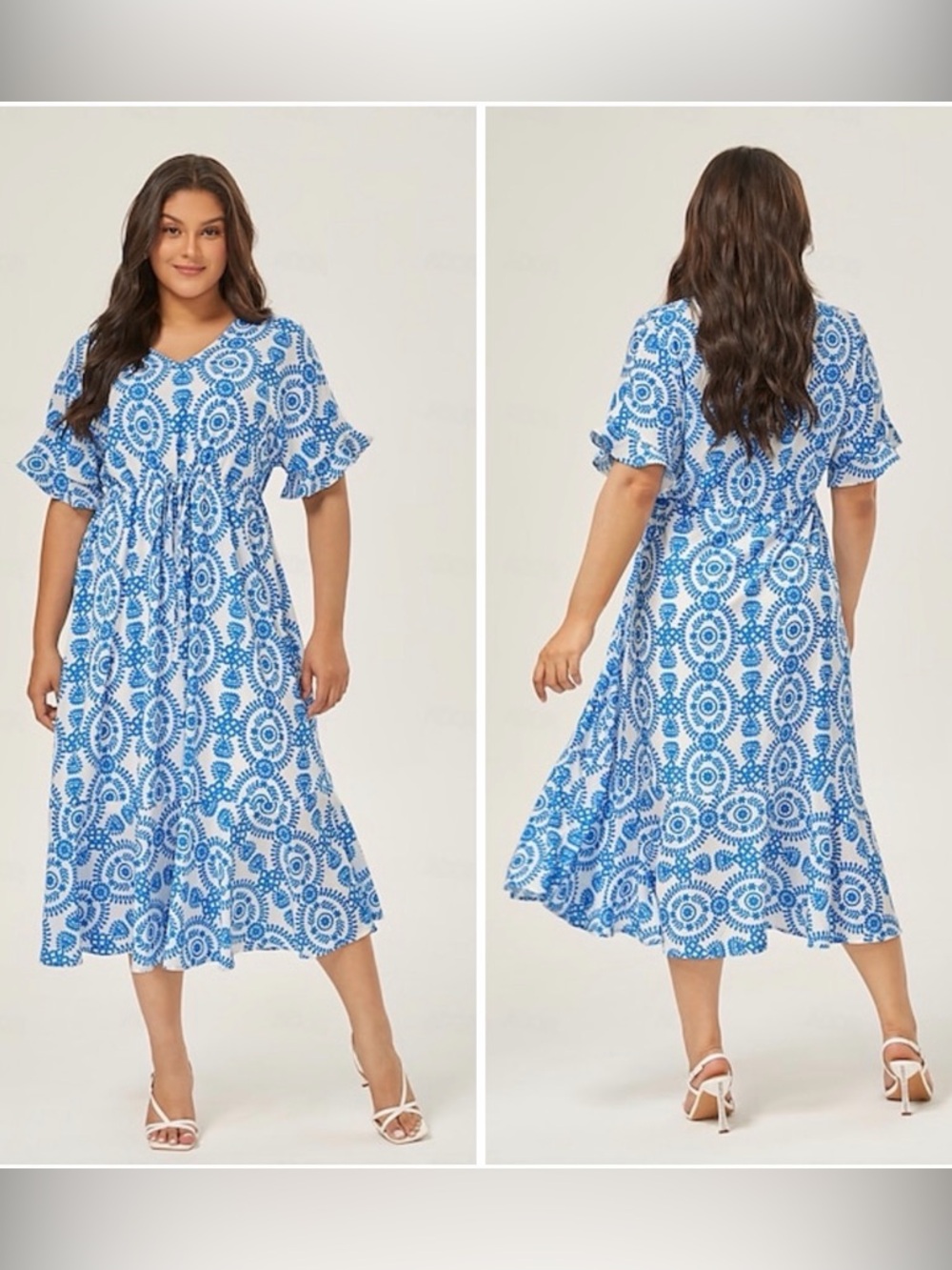 Ador Blue White Floral Printed Drawstring Waist Dress Women Plus size 2X Flowy